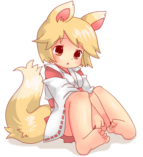 original, 1girl, animal ears, barefoot, blonde hair, brown eyes, child, detached sleeves, female focus, fox ears, japanese clothes, miko, simple background, solo, tail