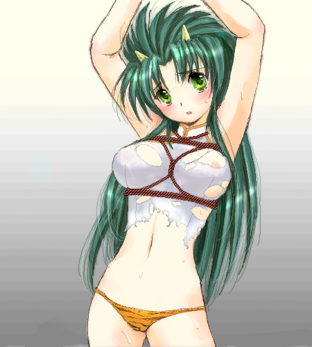 yagisaka seto, jochuu-san, original, lowres, 1girl, animal print, areola slip, bdsm, bondage, bound, breast bondage, demon girl, female focus, green hair, oekaki, oni, panties, rope, shirt, solo, thong, tiger print, torn clothes, torn shirt, underwear