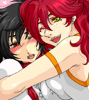 nena trinity, setsuna f. seiei, gundam, gundam 00, lowres, 00s, 2girls, bare shoulders, black hair, blush, breast press, breasts, brown eyes, couple, earrings, freckles, genderswap, genderswap (mtf), green eyes, happy, heart, hug, jewelry, large breasts, multiple girls, oekaki, one eye closed, open mouth, red hair, round teeth, smile, stud earrings, symmetrical docking, teeth, upper body, upper teeth only, wink, yellow eyes, yuri
