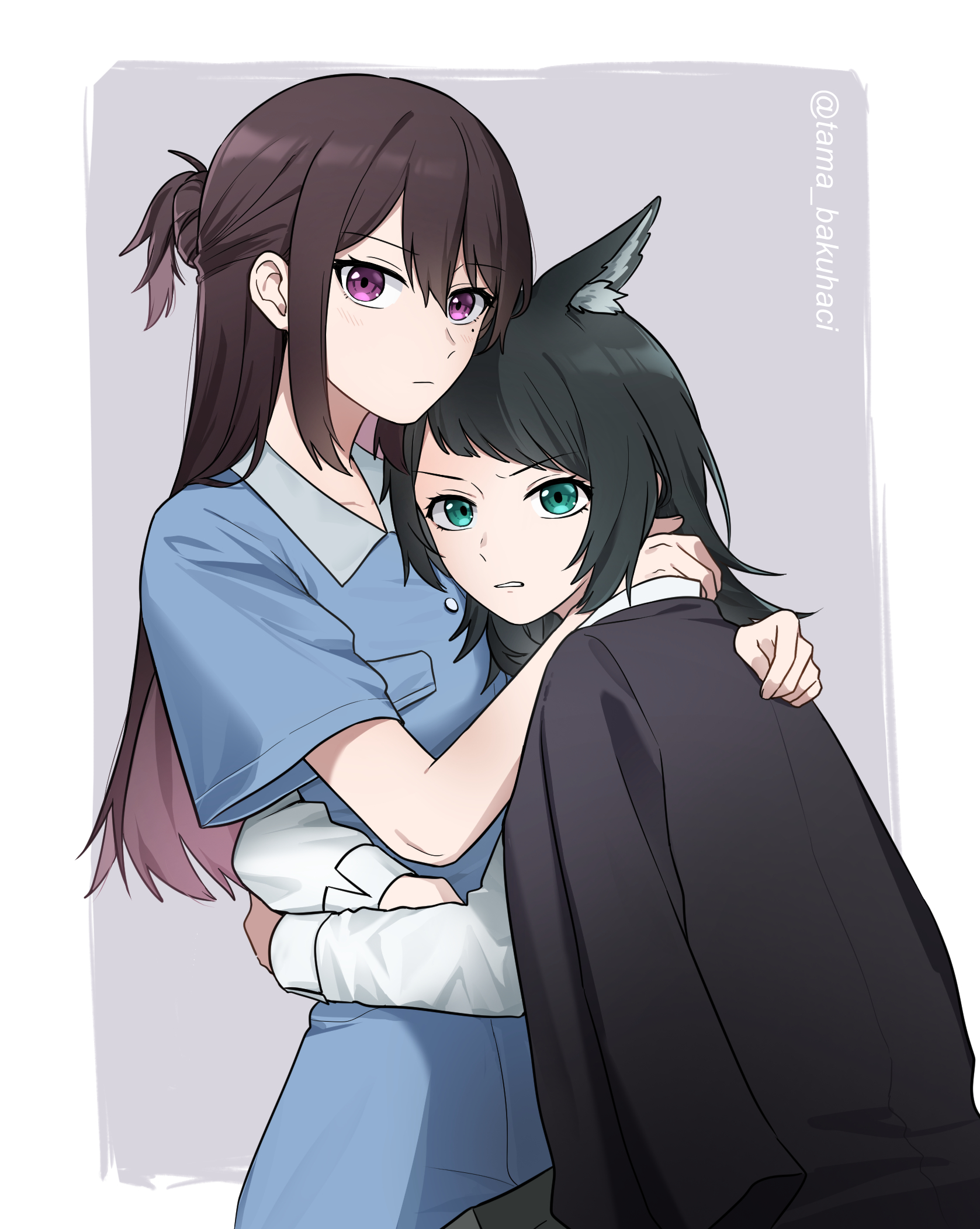 rankaku, shiina taki, yahata umiri, arknights, bang dream!, bang dream! it's mygo!!!!!, chinese commentary, commentary request, highres, 2girls, animal ear fluff, animal ears, black hair, black jacket, blue eyes, blue shirt, brown hair, hair between eyes, half updo, hug, jacket, jacket on shoulders, long hair, medium hair, mole, mole under eye, multiple girls, open mouth, purple eyes, shirt, sidelocks, wolf ears, wolf girl, yahata umiri (moonlight executioner), yuri