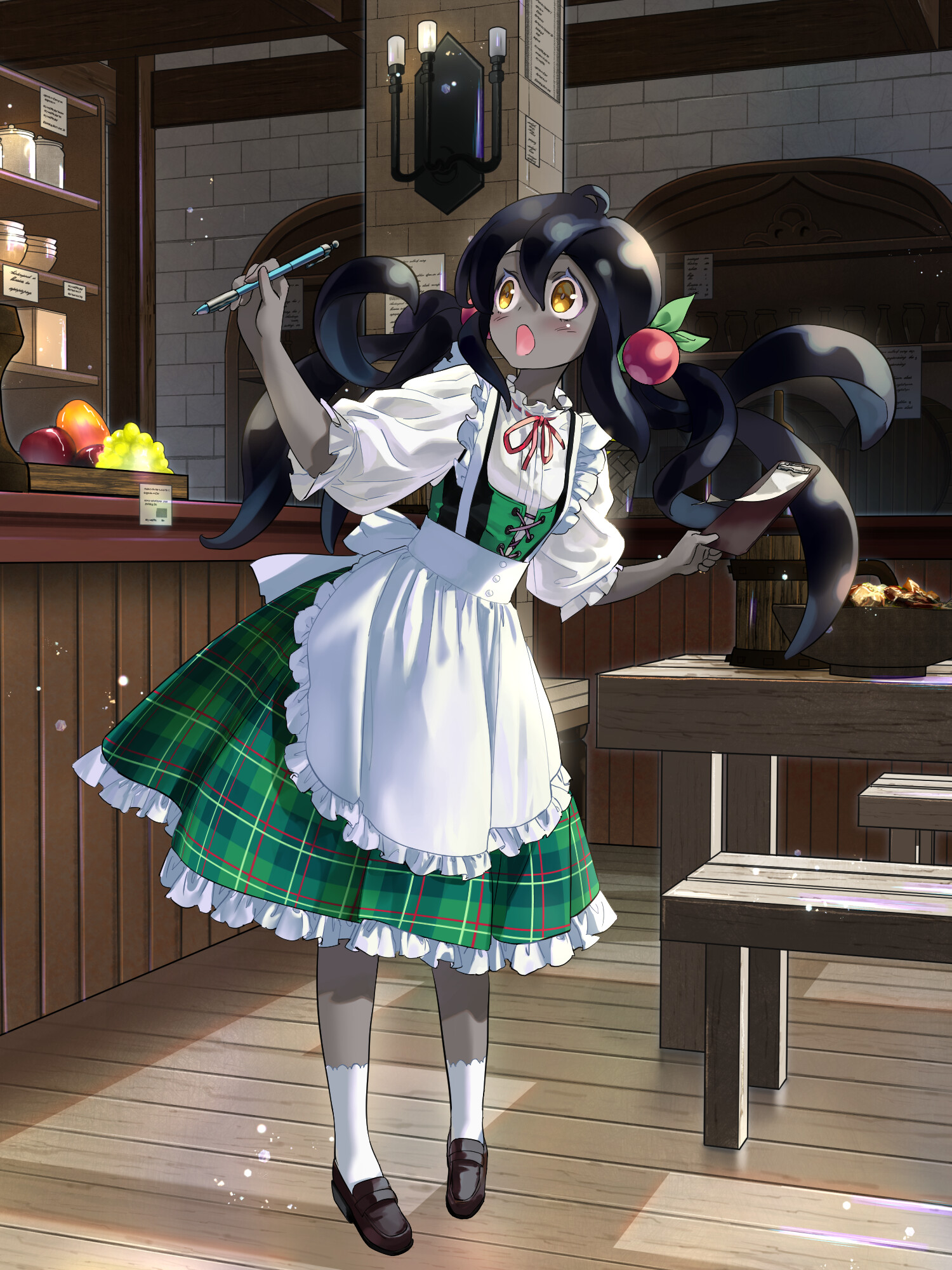 sawada2, dairoku ryouhei, highres, 1girl, :o, apron, black hair, black shoes, colored skin, dress, full body, green dress, grey skin, hair between eyes, hair ornament, holding, holding pen, indoors, long hair, miffet mothergoose, pen, plaid clothes, plaid dress, puffy short sleeves, puffy sleeves, shoes, short sleeves, socks, solo, standing, waist apron, waitress, white socks, wooden floor, yellow eyes