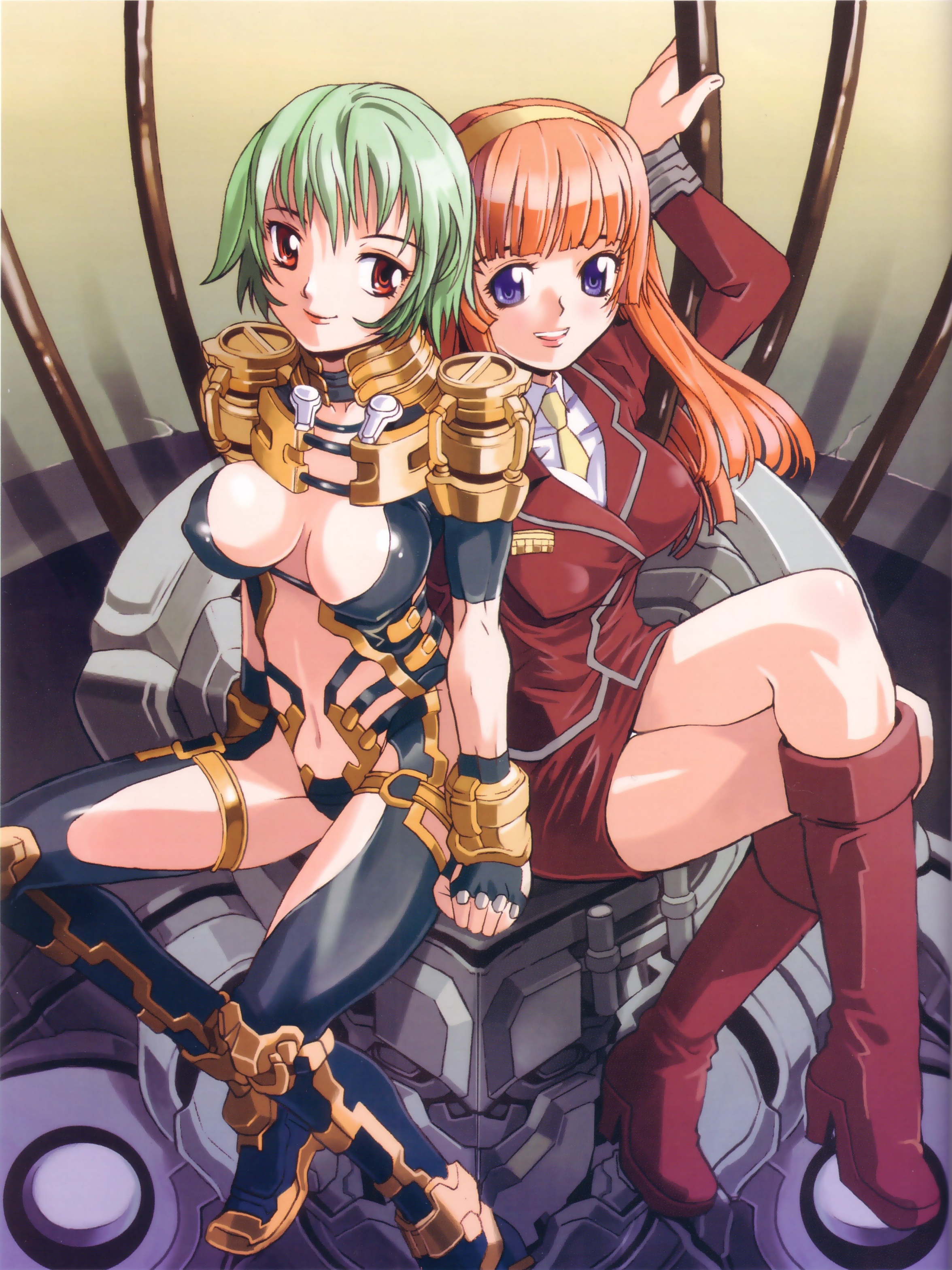 absurdres, highres, non-web source, 2girls, blue eyes, green hair, legs, long hair, multiple girls, orange hair, red eyes, short hair, thighhighs