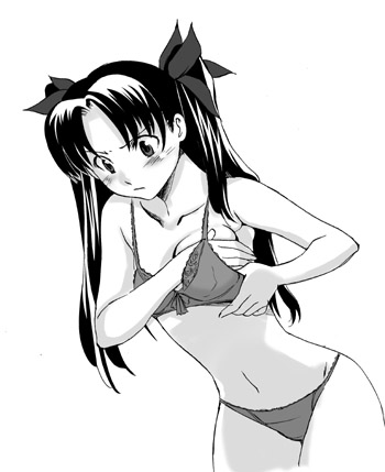 tohsaka rin, fate/stay night, fate (series), breast hold, lowres, non-web source, 00s, 1girl, adjusting bra, adjusting breasts, adjusting clothes, blush, bow, bra, breasts, female focus, greyscale, hair bow, lingerie, long hair, monochrome, panties, simple background, solo, underwear, underwear only, white background