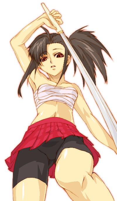 haruka shiya, sakurazaki setsuna, mahou sensei negima!, 00s, asymmetrical bangs, bike shorts, black hair, brown eyes, foreshortening, plaid clothes, plaid skirt, sarashi, side ponytail, skirt, sword, weapon