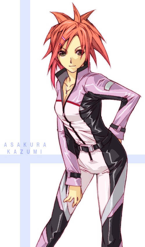 haruka shiya, asakura kazumi, mahou sensei negima!, 00s, biker clothes, bikesuit, bodysuit, character name, hair ornament, hairclip, jewelry, necklace, solo, standing