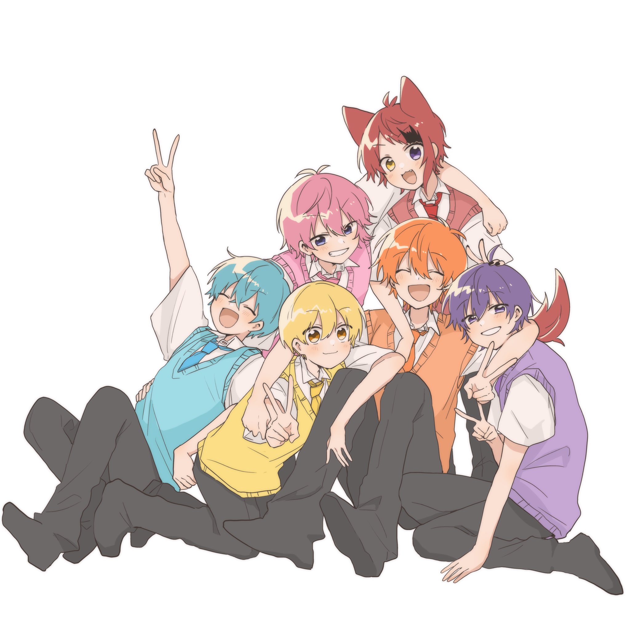 colon (stpri), jel (stpri), nanamori (stpri), rinu (stpri), root (stpri), satomi (stpri), strawberry prince, commentary, highres, 6+boys, animal ears, arm around neck, arm around shoulder, black pants, blonde hair, blue hair, blue sweater vest, closed eyes, dog ears, full body, hair between eyes, hand on another's knee, hand on another's waist, heterochromia, looking at viewer, male focus, multicolored hair, multiple boys, open mouth, orange hair, orange sweater vest, outstretched arm, pants, pink hair, pink sweater vest, purple eyes, purple hair, purple sweater vest, red hair, red sweater vest, short hair, short sleeves, simple background, smile, streaked hair, sweater vest, tail, uniuni12040427, v, white background, yellow sweater vest