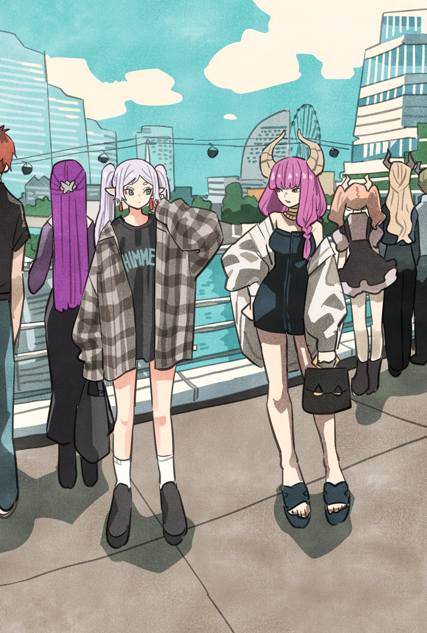 takeuchi ryousuke, aura (sousou no frieren), draht (sousou no frieren), fern (sousou no frieren), frieren, linie (sousou no frieren), lugner (sousou no frieren), stark (sousou no frieren), sousou no frieren, commentary request, highres, 3boys, 4girls, bag, black dress, blonde hair, blue sky, blunt bangs, dress, earrings, eye contact, full body, green hair, half updo, holding, holding bag, horns, jewelry, long hair, looking at another, multiple boys, multiple girls, outdoors, pointy ears, purple hair, red hair, short eyebrows, short hair, sky, twintails, white hair