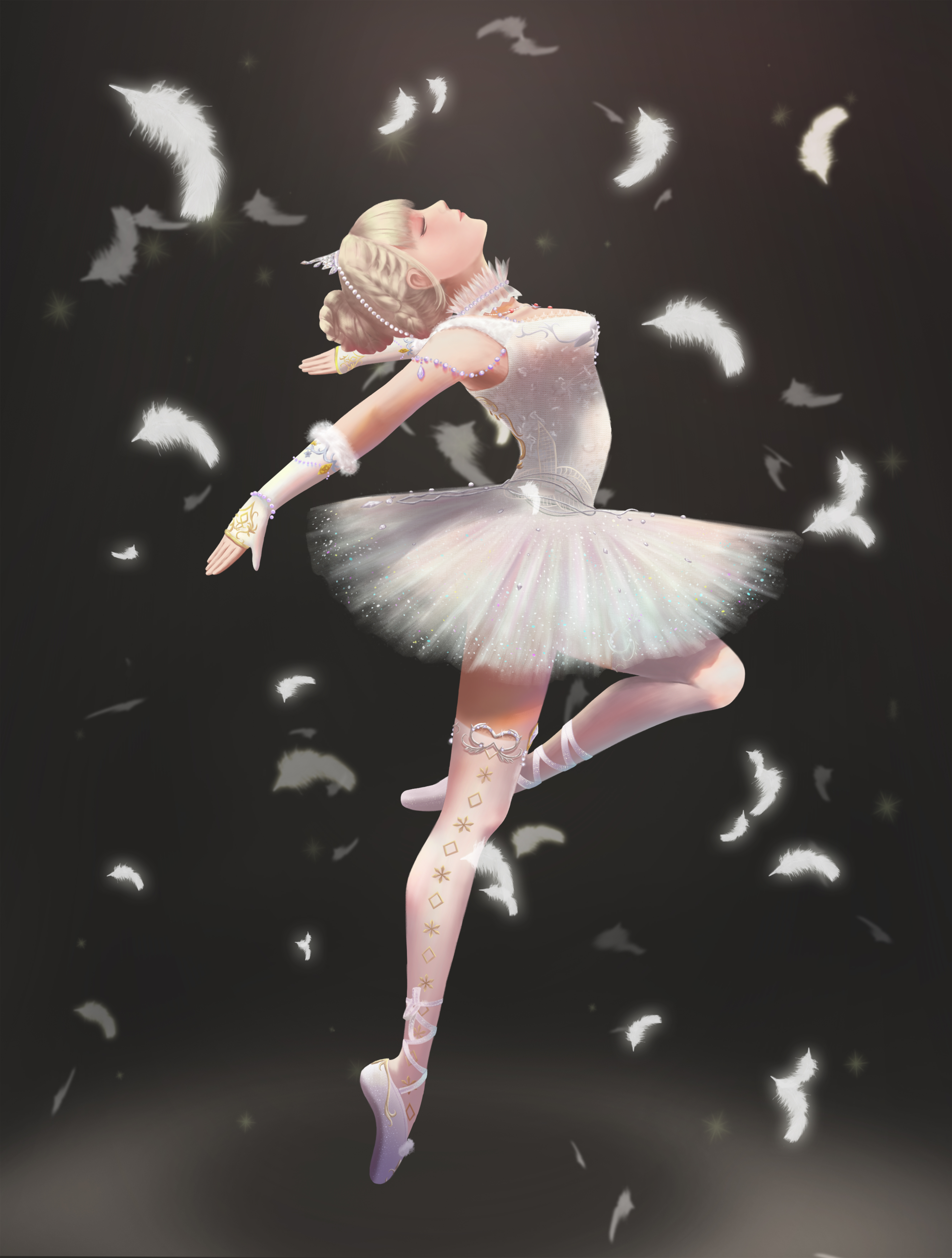 li fanfan, nikki (series), shining nikki, absurdres, highres, 1girl, ankle ribbon, arm warmers, ballerina, ballet, ballet slippers, bead choker, beads, black background, blonde hair, choker, closed eyes, closed mouth, expressionless, eyeshadow, feather choker, feathers, full body, fur-trimmed arm warmers, fur trim, glittering date (shining nikki), hair beads, hair bun, hair ornament, head tilt, knee up, leaning back, leg ribbon, leotard, light particles, makeup, miniskirt, outstretched arms, pink eyeshadow, pleated skirt, pointy nose, ribbon, see-through arm warmers, see-through clothes, see-through leotard, see-through thighhighs, shadow, shoes, short hair, single hair bun, skirt, solo, thighhighs, tiara, tiptoes, tutu, updo, white arm warmers, white choker, white leotard, white ribbon, white shoes, white skirt, white thighhighs