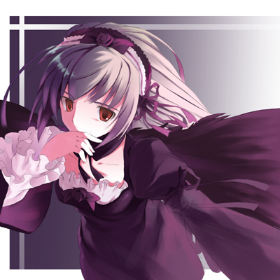 noripachi, suigintou, rozen maiden, silver hair, lowres, 00s, 1girl, black dress, brown eyes, collarbone, detached collar, dress, female focus, frilled sleeves, frills, juliet sleeves, long hair, long sleeves, looking at viewer, puffy sleeves, solo, very long hair