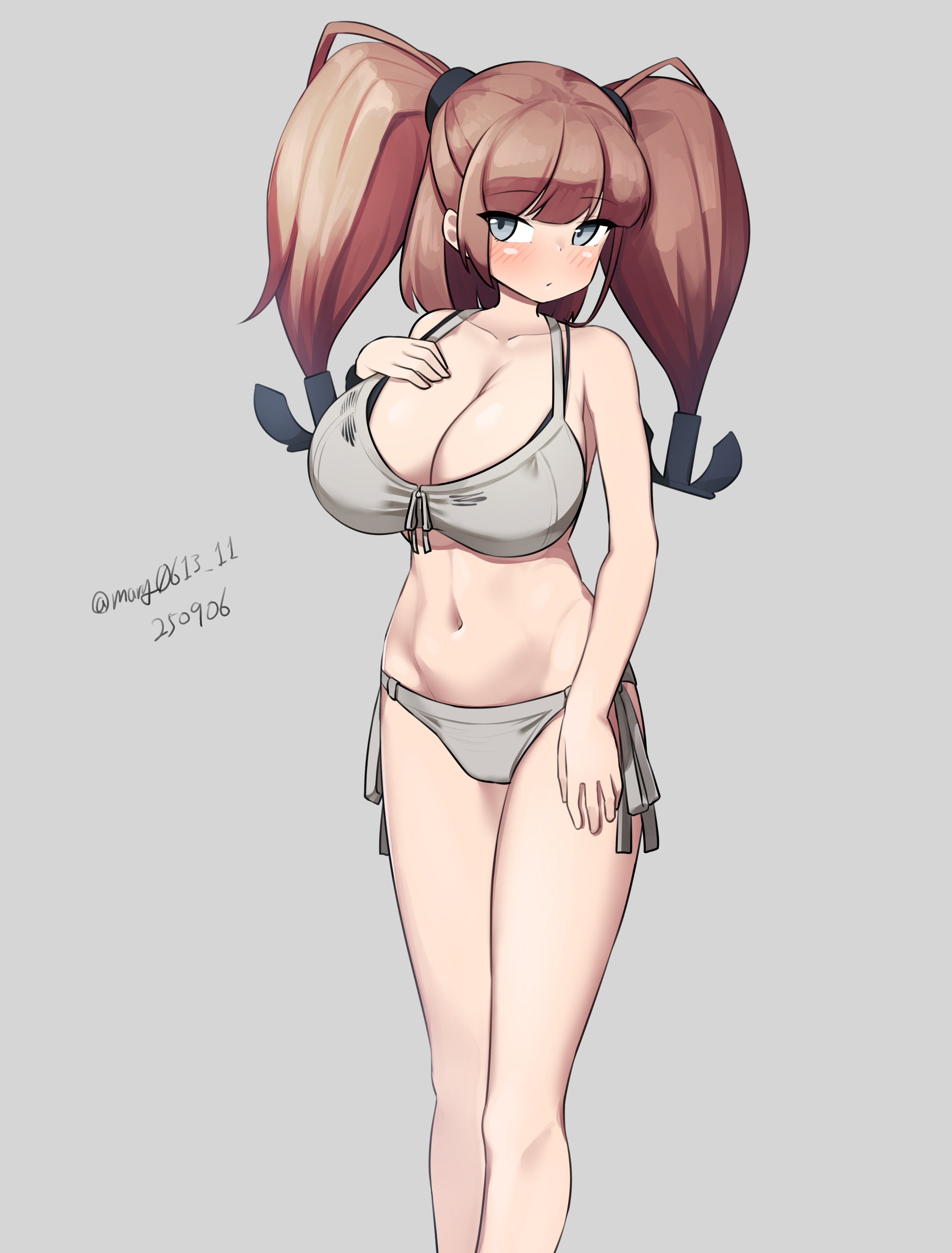 maru (marg0613), atlanta (kancolle), atlanta (swimsuit) (kancolle), kantai collection, absurdres, highres, 1girl, anchor hair ornament, bikini, breasts, brown hair, dated, earrings, feet out of frame, grey background, grey bikini, grey eyes, hair ornament, jewelry, large breasts, layered bikini, looking at viewer, official alternate costume, side-tie bikini bottom, simple background, solo, standing, star (symbol), star earrings, swimsuit, twitter username, two side up