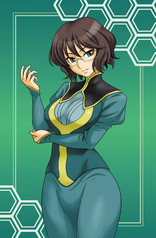 hida tatsuo, shirin bakhtiar, gundam, gundam 00, 00s, 1girl, aqua eyes, blue eyes, breasts, brown eyes, brown hair, dress, female focus, glasses, green background, hand on elbow, hexagon, honeycomb pattern, long sleeves, looking at viewer, military, military uniform, rimless eyewear, short hair, simple background, smile, solo, standing, wide hips
