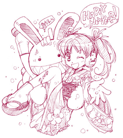 kizuki miki, lowres, 00s, 2006, ;d, blush, earmuffs, flat chest, floral print, grin, hair ribbon, hand on own head, japanese clothes, kimono, legs up, monochrome, new year, obi, one eye closed, open mouth, outstretched arm, outstretched hand, pink theme, rabbit, ribbon, sandals, sash, sketch, smile, snow, socks, solo, tabi, twintails, wink