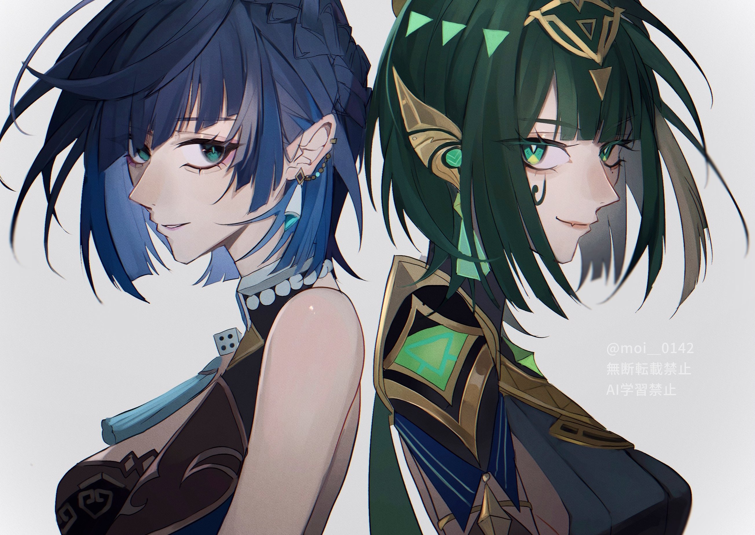 shino (moi 0142), nefer (genshin impact), yelan (genshin impact), genshin impact, highres, 2girls, ancient egyptian clothes, asymmetrical bangs, bare shoulders, behind another, blue hair, blunt bangs, bob cut, center opening, closed mouth, dress, earrings, facial mark, friends, from side, green eyes, green hair, grey background, hair ornament, headpiece, jewelry, light smile, multiple girls, parted lips, pink lips, short hair, simple background, standing, upper body, watermark