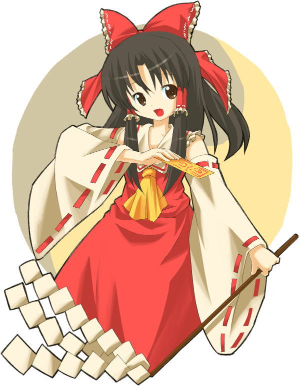 michii yuuki, hakurei reimu, touhou, jpeg artifacts, 1girl, female focus, gohei, hair tubes, japanese clothes, miko, oonusa, solo