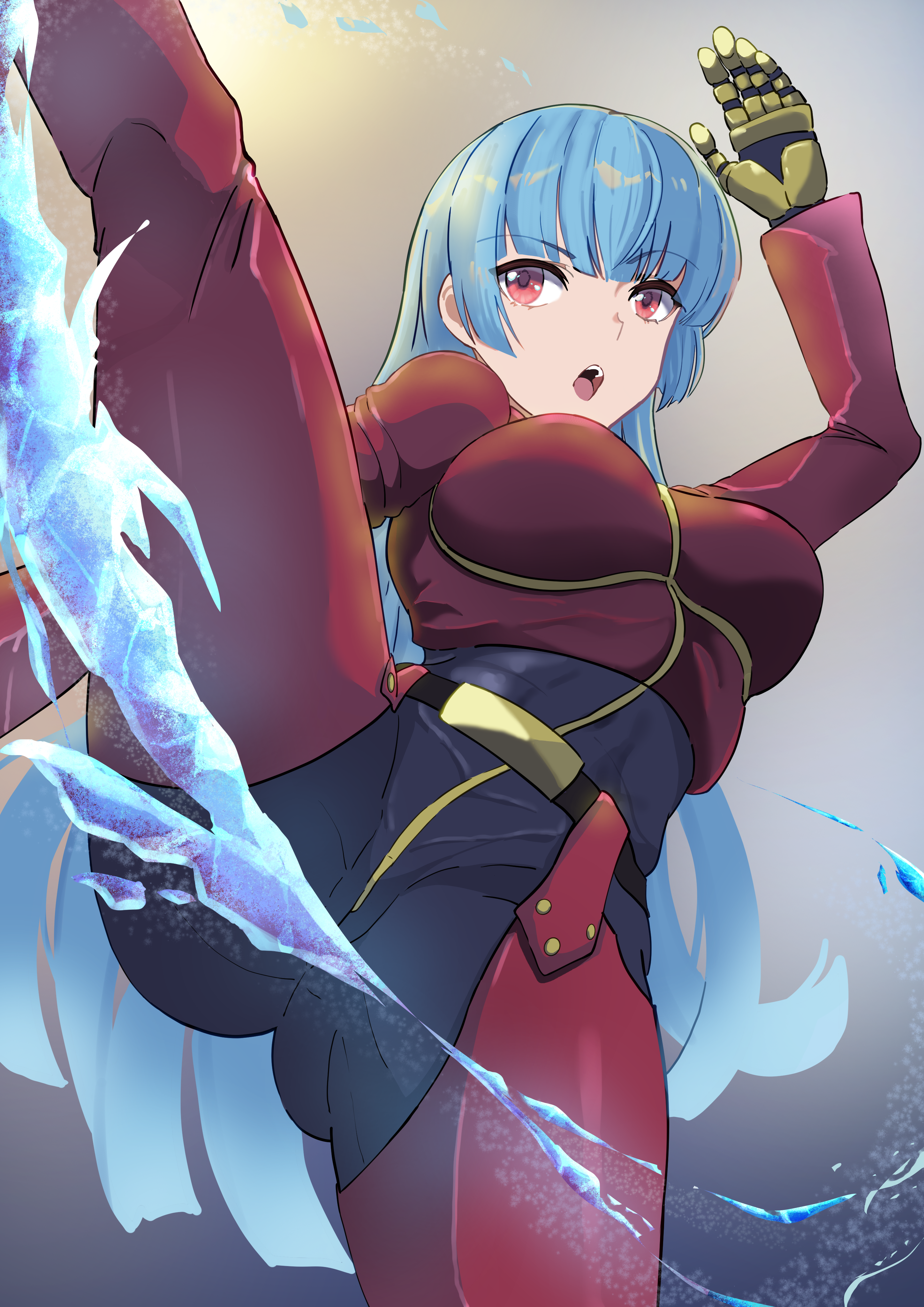 musuhi, kula diamond, the king of fighters, absurdres, highres, 1girl, belt, blue hair, bodysuit, breasts, gloves, ice, long hair, medium breasts, open mouth, purple eyes, spread legs