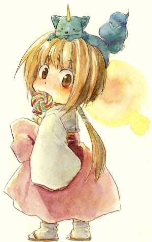 deboo, lowres, 1girl, brown hair, candy, child, female focus, food, horns, lollipop, looking back, object on head, pet, ponytail, single horn, solo, standing, swirl lollipop