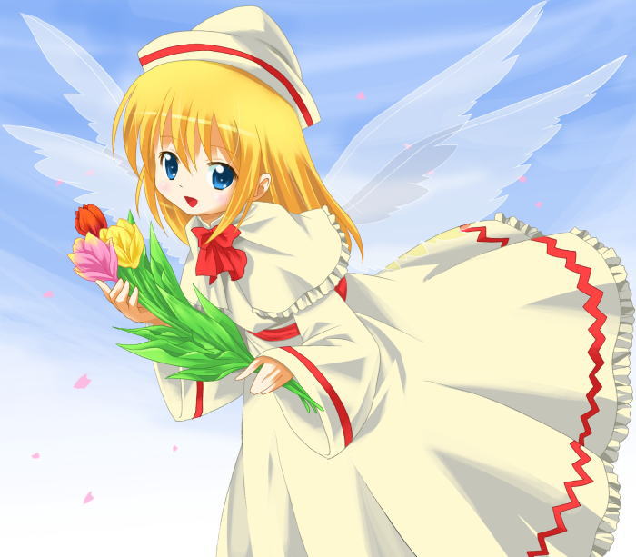 michii yuuki, lily white, touhou, 1girl, blonde hair, blue eyes, cloud, dress, female focus, flower, petals, sky, solo, tulip, wings