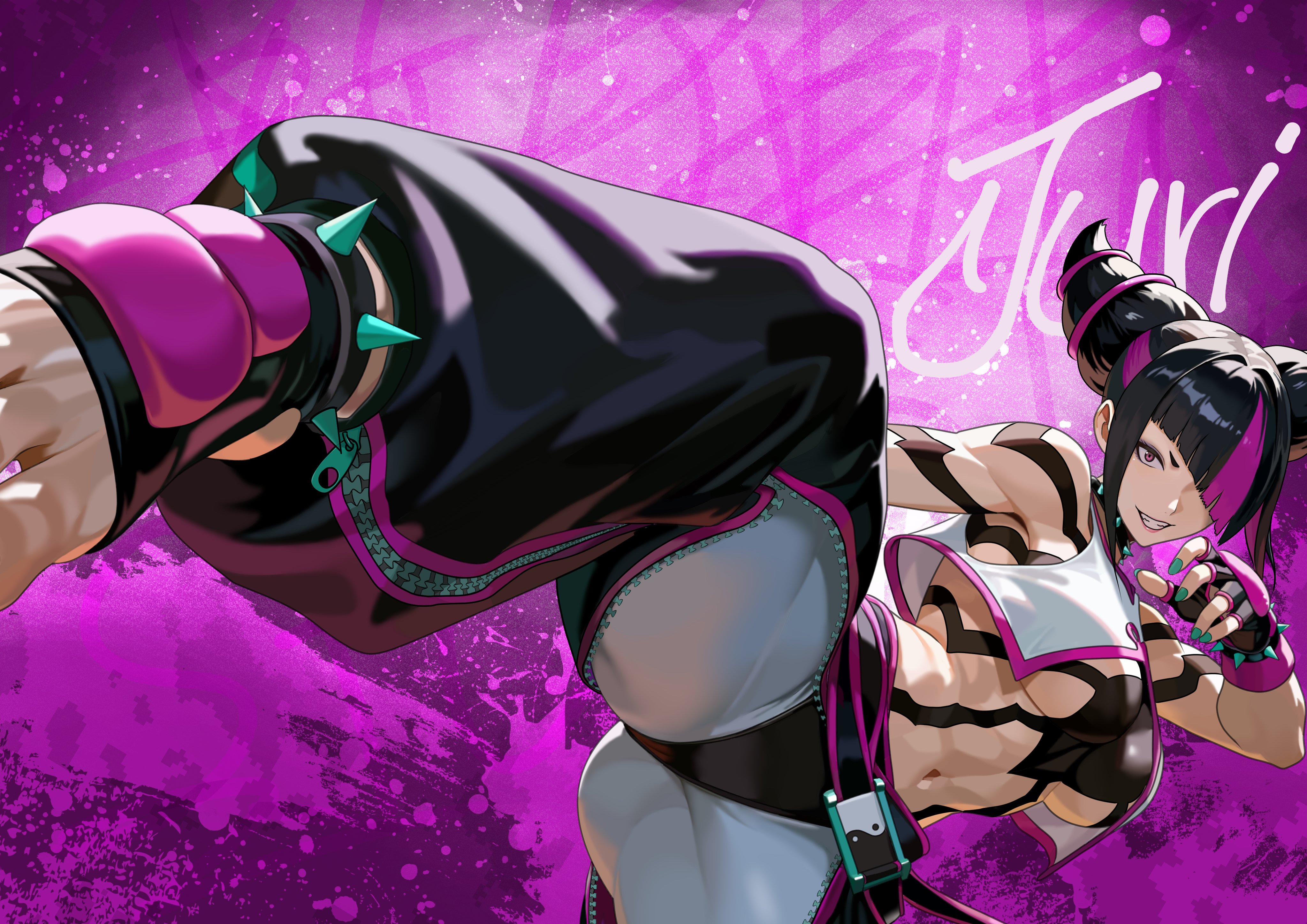 yagi (joe731842), han juri, street fighter, absurdres, highres, 1girl, black hair, cowboy shot, grin, hair horns, hair over one eye, leg up, midriff, multicolored hair, pink hair, smile, solo, standing, standing on one leg