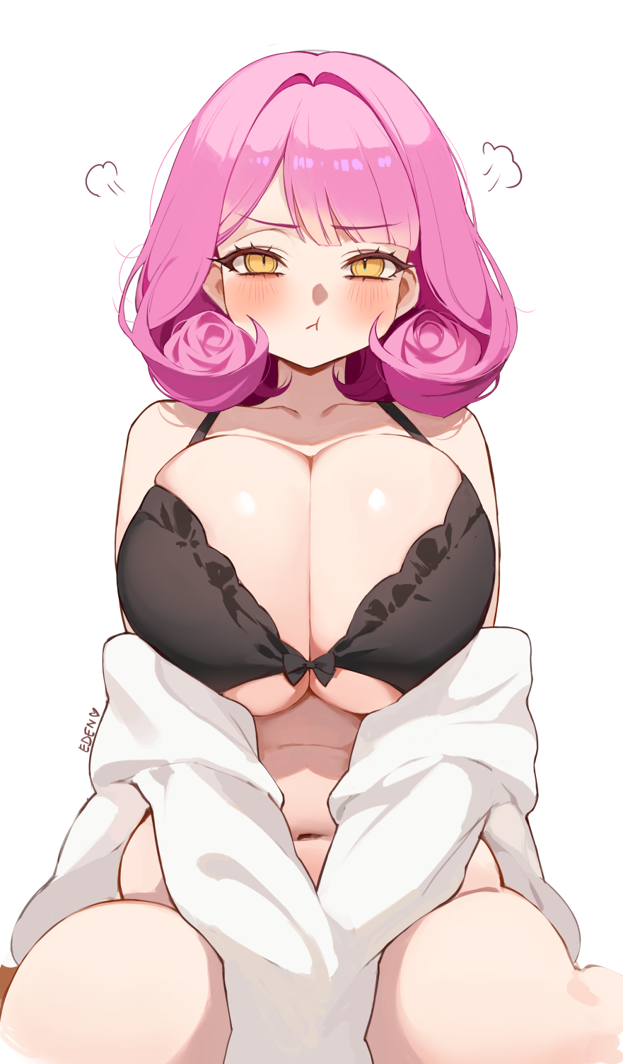 eden (shiroki yuutsu), vanilla (eden (shiroki yuutsu)), original, commentary, english commentary, highres, 1girl, artist name, belly, black bow, black bra, blush, bottomless, bow, bow bra, bra, breasts, cleavage, closed mouth, collarbone, flower-shaped hair, frilled bra, frills, hair intakes, heart, huge breasts, long sleeves, looking at viewer, medium hair, navel, pale skin, pink hair, plump, pout, shirt, signature, simple background, sleeves past fingers, sleeves past wrists, solo, stomach, thick thighs, thighs, underwear, v arms, white background, white shirt, yellow eyes