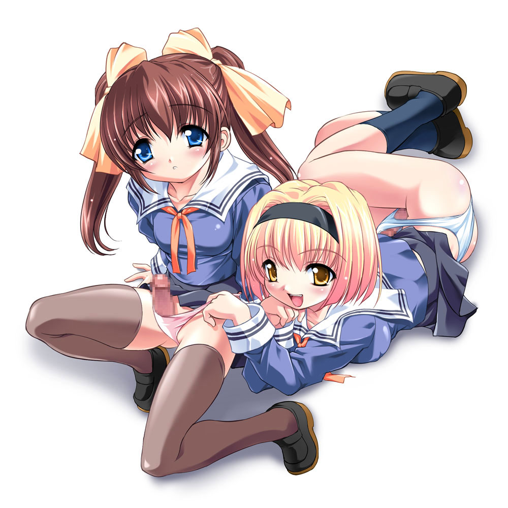 sorimura youji, black legwear, 2futa, blouse, blue shirt, breasts, bulge, censored, clothes lift, erection, erection under clothes, futanari, head rest, miniskirt, mosaic censoring, multiple futa, panties, pantyshot, penis, school uniform, serafuku, shirt, simple background, sitting, skirt, skirt lift, small breasts, socks, thighhighs, underwear, white background