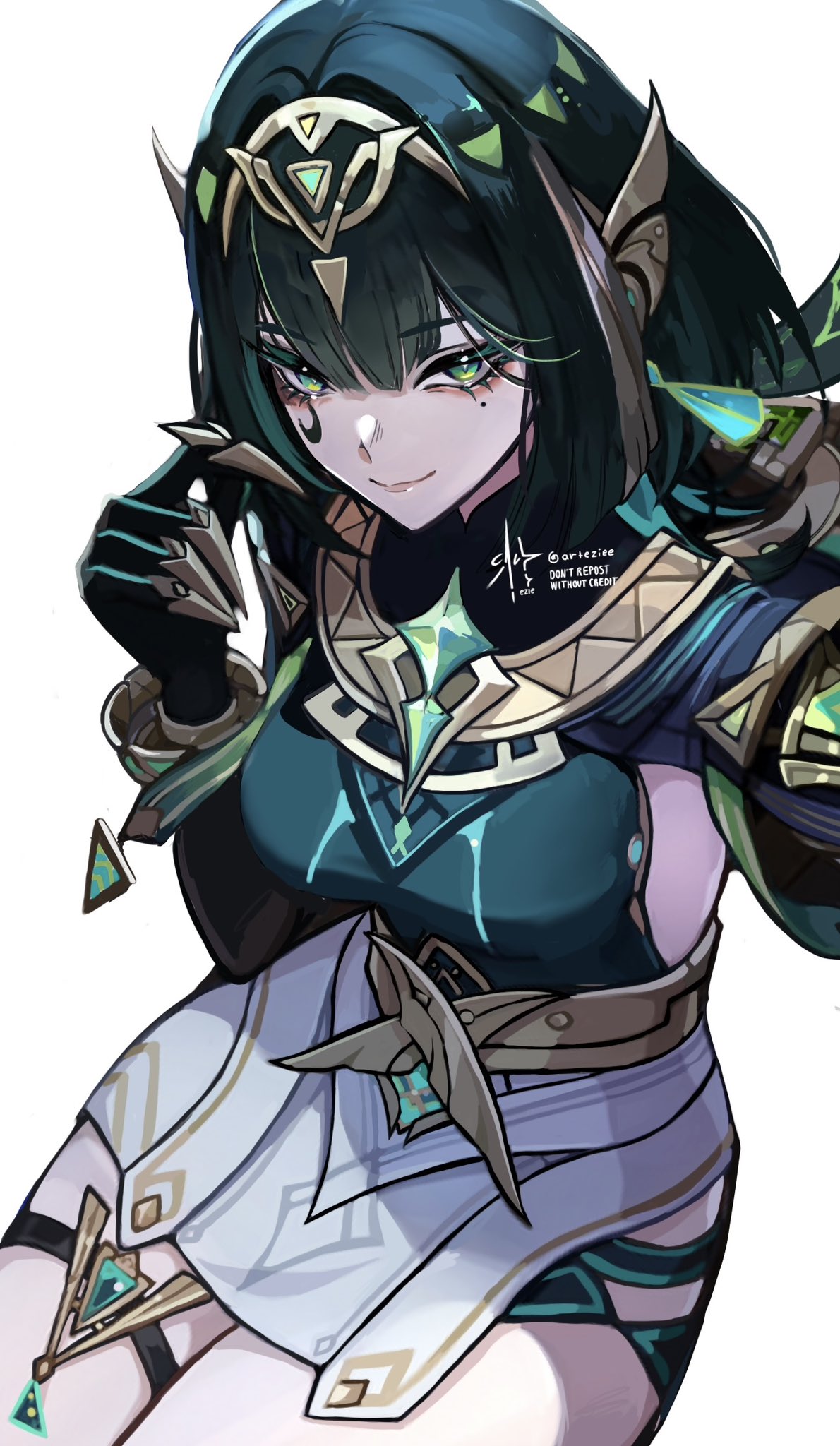 nefer (genshin impact), genshin impact, commentary, english commentary, highres, 1girl, ancient egyptian clothes, arm up, arteziee, artist name, blunt bangs, bob cut, chest jewel, closed mouth, clothing cutout, facial mark, fake claws, from above, from side, gem, glowing, green eyes, green gemstone, green hair, hair intakes, hair ornament, headpiece, light smile, looking at viewer, looking up, multicolored eyes, pov, shade, simple background, sitting, solo, thighs, twitter username, white background
