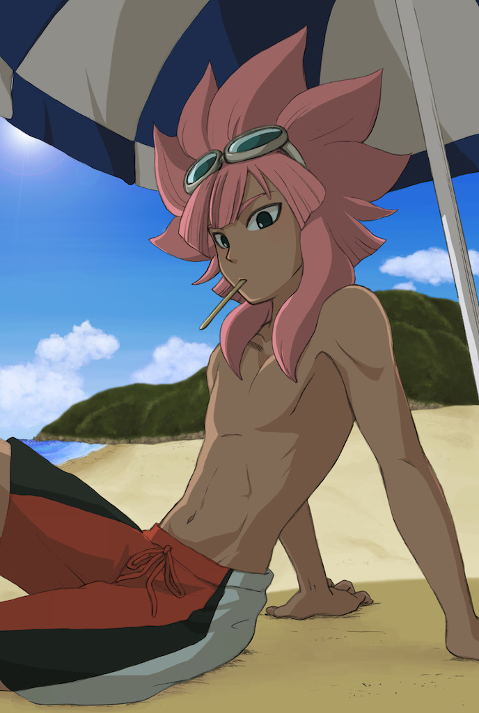 yoi (207342), tsunami jousuke, inazuma eleven (series), tagme, 1boy, beach, dark-skinned male, dark skin, goggles, goggles on head, male swimwear, orange swim trunks, pink hair, solo, swim trunks