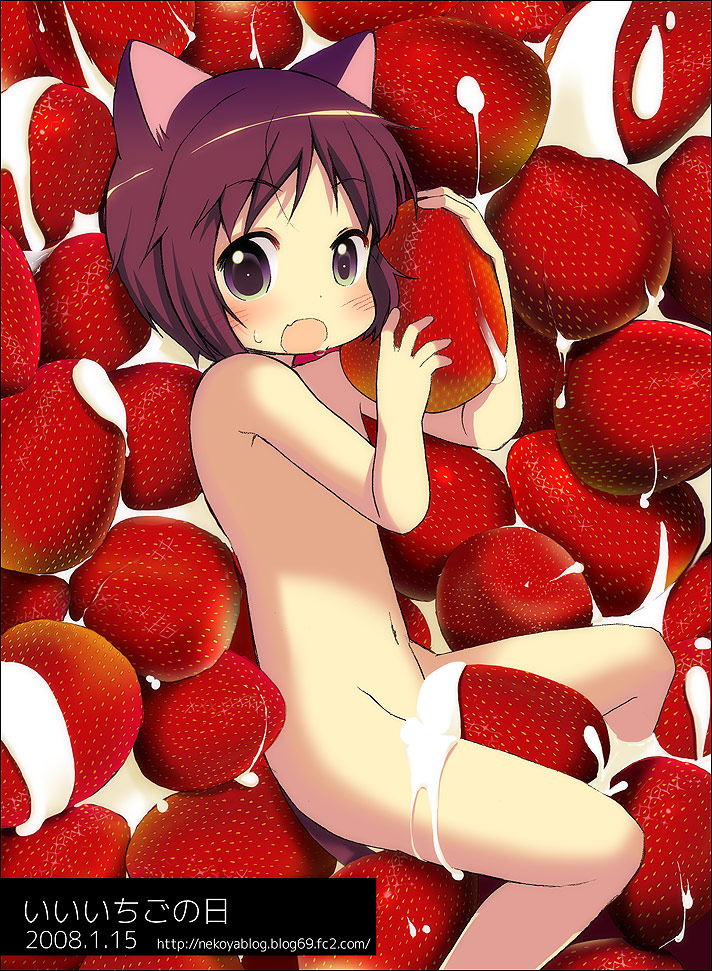 nekoya (nekoyadia), original, 1boy, animal ears, cat ears, flat chest, food, fruit, fruit background, holding, holding food, holding fruit, nude, open mouth, red background, shota, solo, strawberry, tareme