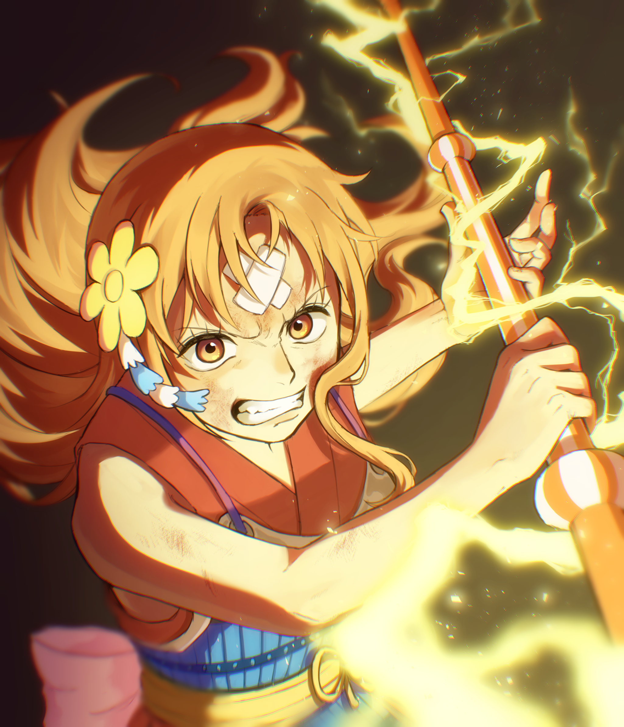 tsunotaro14 k, nami (one piece), one piece, commentary, english commentary, highres, mixed-language commentary, 1girl, armor, back bow, bandaid, bandaid on face, bandaid on forehead, bare arms, black background, bow, bruise, bruise on face, clenched teeth, clima-tact, electricity, fighting stance, floating hair, flower, hair flower, hair ornament, holding, holding staff, injury, japanese armor, japanese clothes, kimono, lightning, long hair, looking at viewer, orange eyes, orange hair, pink bow, red kimono, serious, single sidelock, sleeveless, sleeveless kimono, solo, staff, teeth, upper body, wavy hair