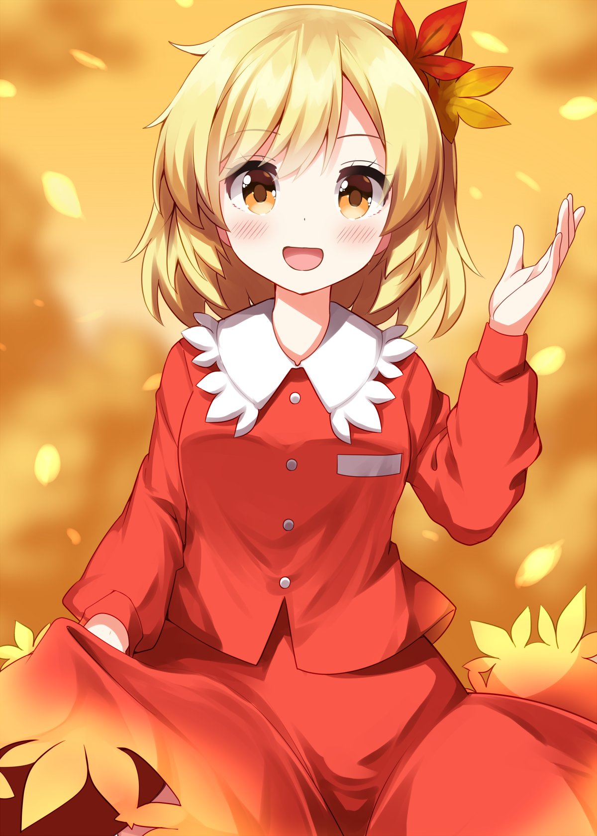 ruu (tksymkw), aki shizuha, touhou, commentary, highres, 1girl, :d, blonde hair, blush, collared shirt, contrast collar, cowboy shot, hair ornament, hand up, leaf hair ornament, long sleeves, looking at viewer, open mouth, red shirt, red skirt, shirt, short hair, skirt, skirt set, smile, solo, yellow background, yellow eyes