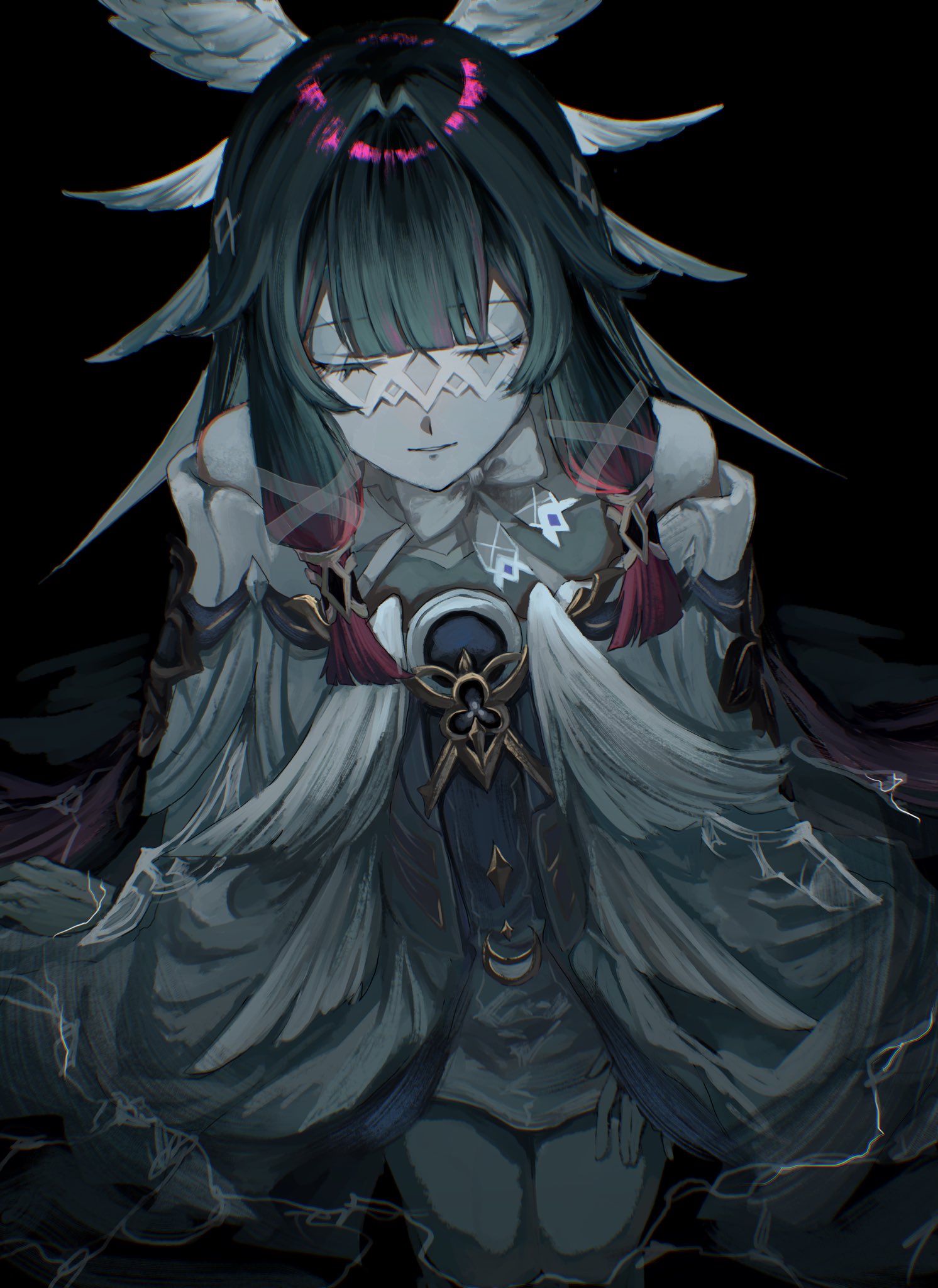 ce5 ez, columbina (genshin impact), genshin impact, hashtag-only commentary, highres, 1girl, black hair, bow, bowtie, closed eyes, closed mouth, dress, eye mask, hair ornament, kneeling, long hair, multicolored hair, open mouth, pink hair, ribbon, solo, streaked hair, two-tone hair, very long hair, white bow, white bowtie, white dress, white mask, wing hair ornament, x-shaped eyewear