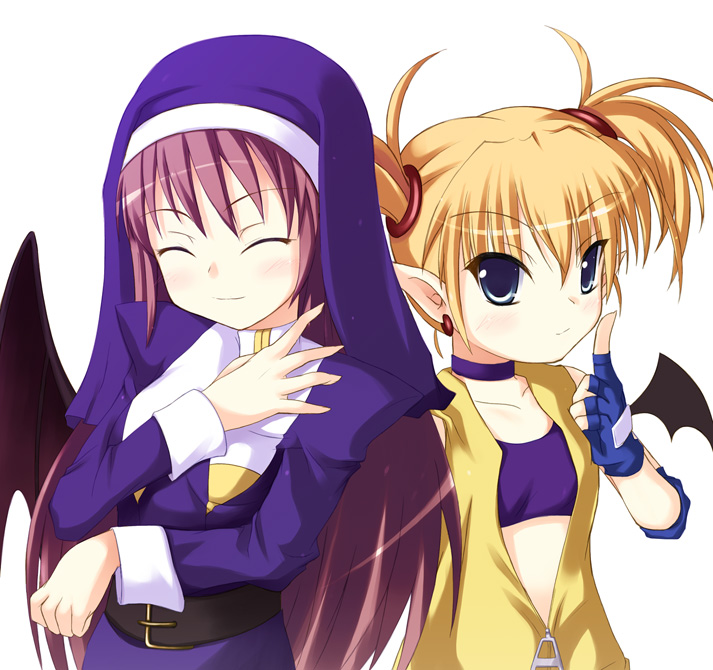 safi, clarice di lanza, lilica felchenerow, aq interactive, arcana heart, arcana heart 2, atlus, examu, 2girls, bat wings, belt, blonde hair, blue eyes, blush, bra, choker, closed eyes, demon girl, demon wings, dress, earrings, elbow pads, fingerless gloves, flat chest, gloves, happy, jewelry, lingerie, long hair, multiple girls, nun, pointing, pointy ears, purple hair, short hair, short twintails, smile, turtleneck, twintails, underwear, unzipped, very long hair, wings, zipper