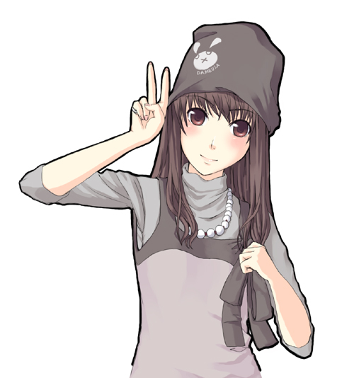 unasaka ryou, original, 1girl, brown eyes, brown hair, female focus, hat, jewelry, necklace, pearl necklace, solo, turtleneck, v
