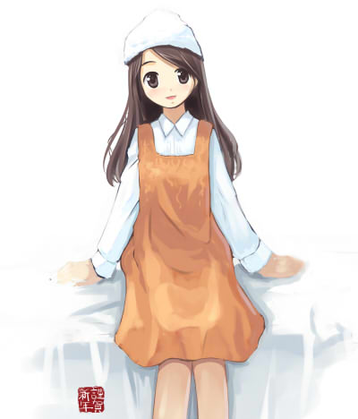 senji (tegone spike), original, lowres, 1girl, :d, apron, arms at sides, bed, bed sheet, blush, brown eyes, brown hair, collared shirt, dress shirt, female focus, headscarf, long hair, long sleeves, looking at viewer, on bed, open mouth, shirt, smile, solo, white headscarf, white shirt