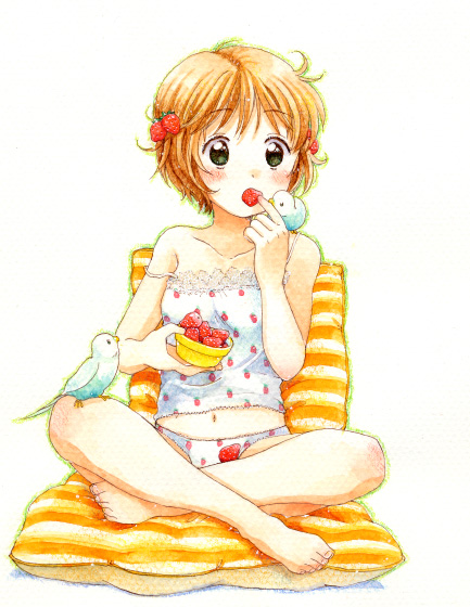 nyannyannyan!, ogawa hidari, original, 1girl, barefoot, camisole, feet, female focus, food, food-themed clothes, fruit, panties, short hair, solo, strap slip, strawberry, underwear