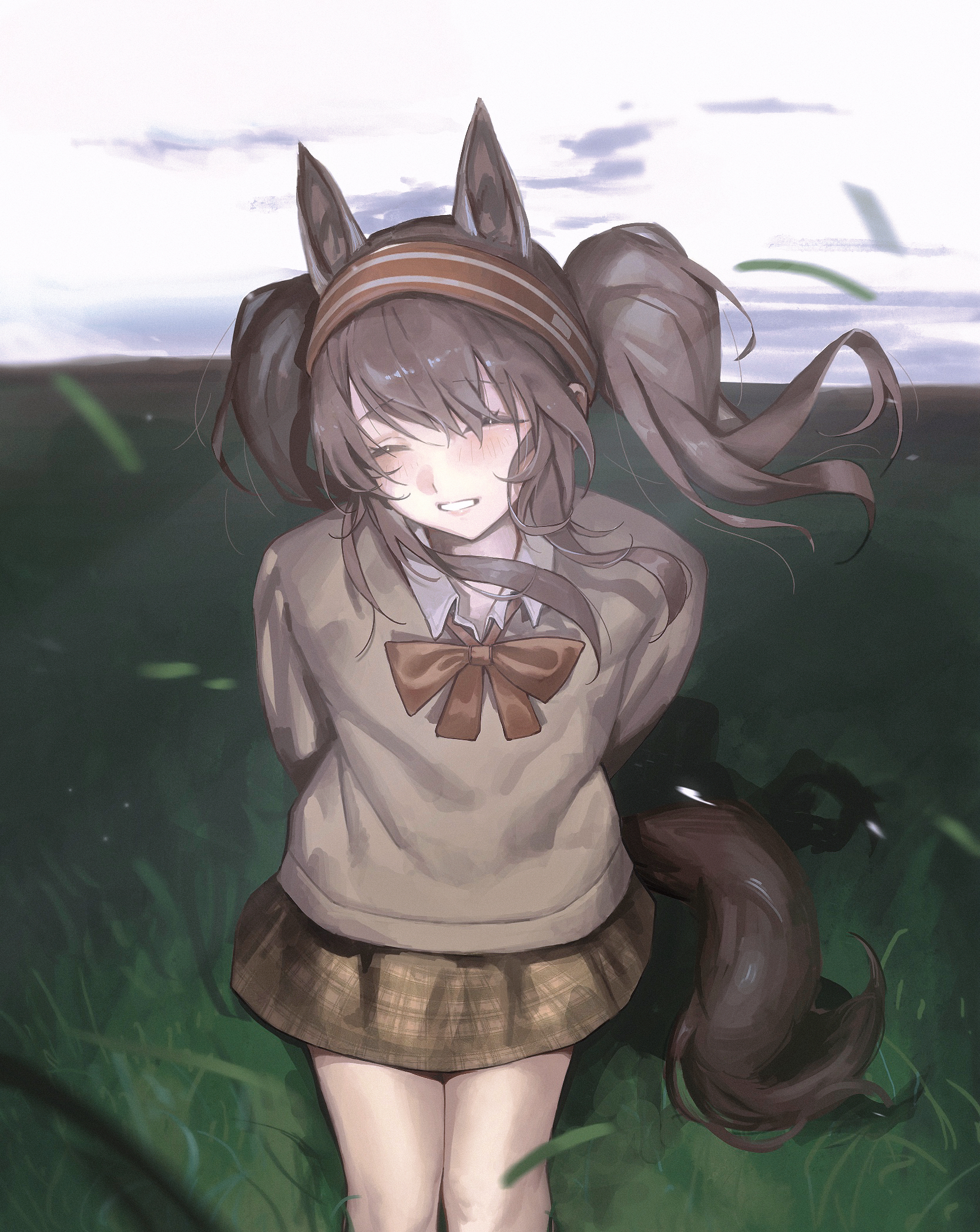 kirihara aki, angelina (arknights), arknights, highres, 1girl, animal ears, arms behind back, blush, bow, brown bow, brown hair, brown headband, brown shirt, brown skirt, closed eyes, collared shirt, facing viewer, fox ears, fox girl, fox tail, grin, hair between eyes, headband, long hair, looking at viewer, plaid clothes, plaid skirt, school uniform, shirt, sidelocks, skirt, smile, solo, tail, twintails, white shirt