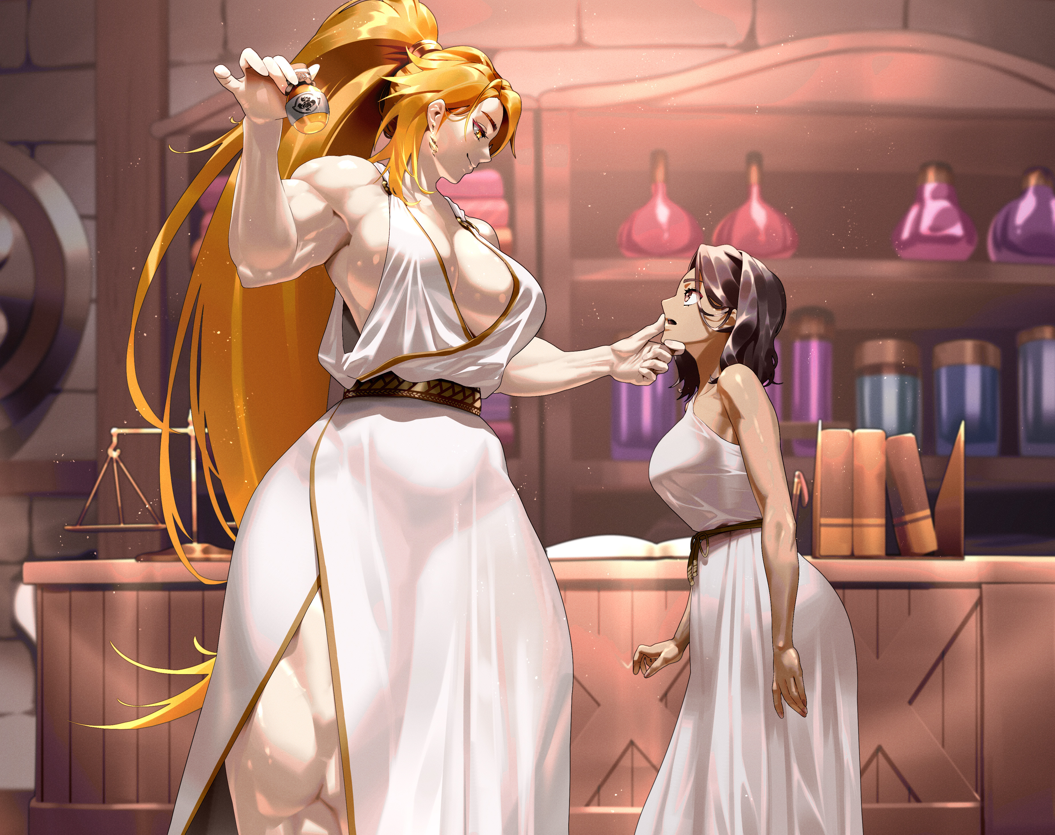 qtime 702, original, absurdres, highres, 2girls, ambiguous orange liquid, bare shoulders, blonde hair, breasts, brown hair, dress, gold, grabbing another's chin, hand on another's chin, height difference, high ponytail, large breasts, long hair, looking at another, looking down, multiple girls, ponytail, quads, sideboob, size difference, smile, tall female, thick thighs, thighs, white dress, yuri