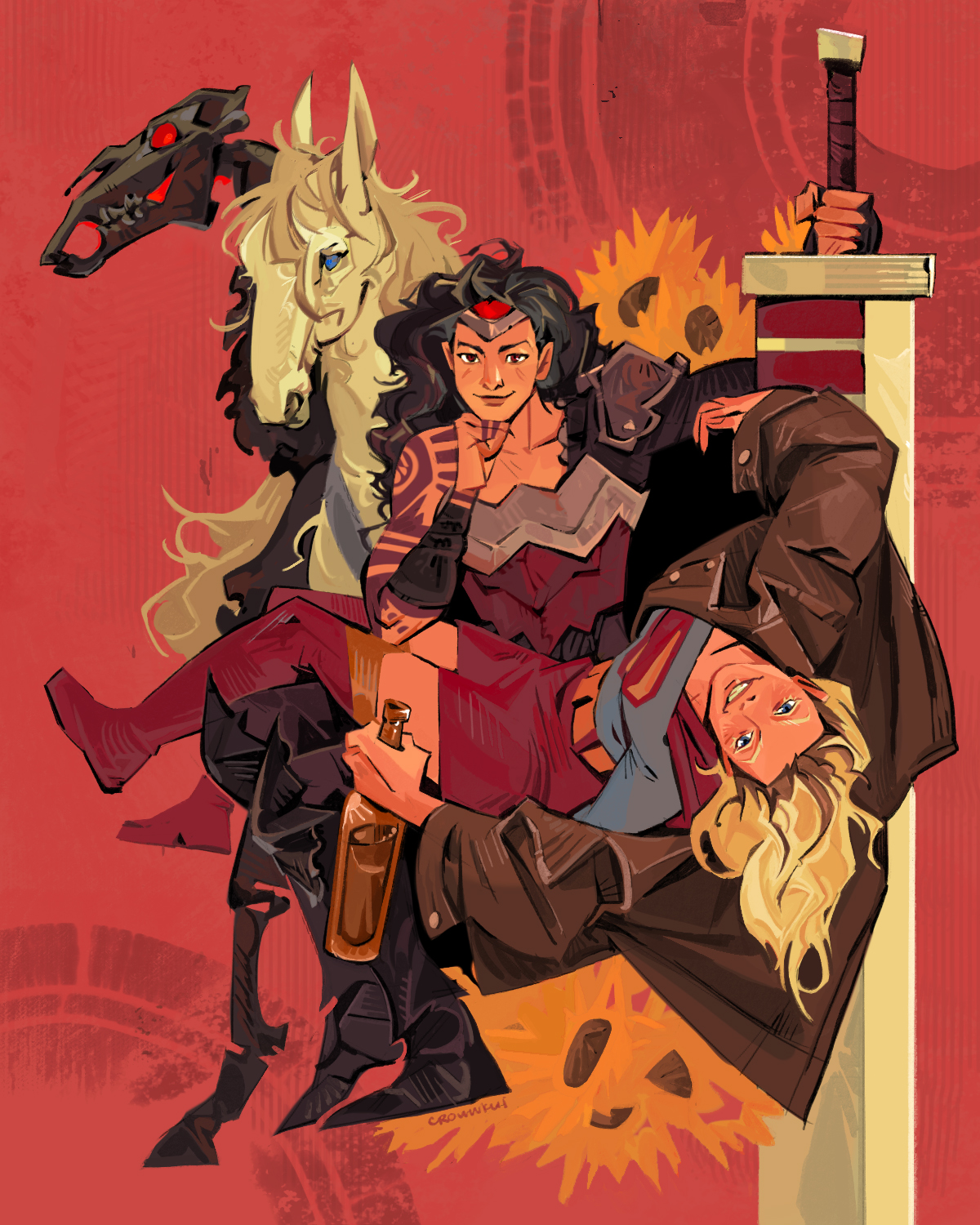 vickychendraws, supergirl, wonder woman, dc comics, highres, 2girls, arm tattoo, artist name, black hair, blonde hair, bottle, brown coat, circlet, coat, head rest, holding, holding bottle, horse, long hair, looking at viewer, multiple girls, sitting, sitting on lap, sitting on person, smile, sword, tattoo, wavy hair, weapon