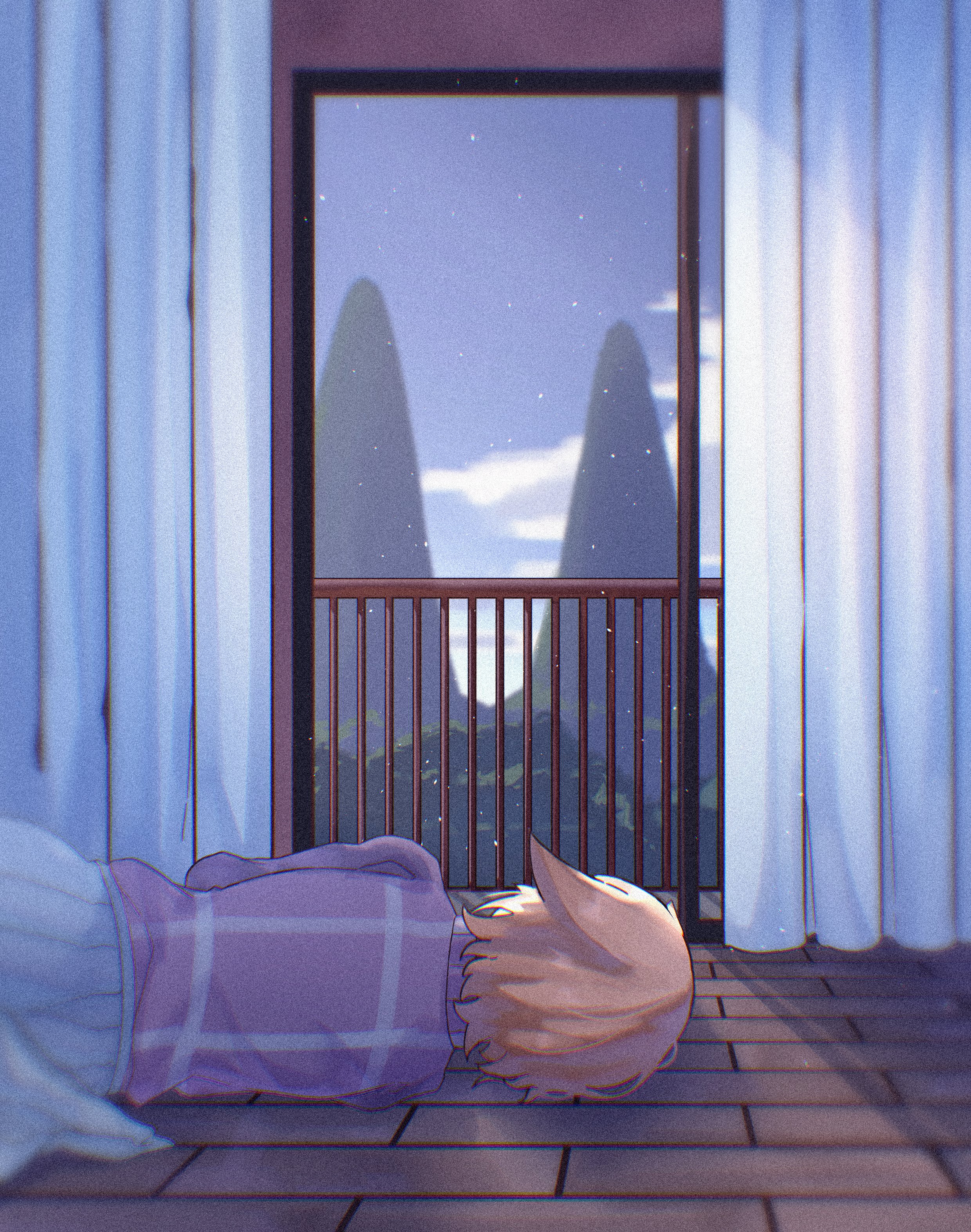 jahe png, urotsuki, yume 2kki, absurdres, highres, 1girl, balcony, brown hair, curtains, hair flaps, indoors, lying, mountain, mountainous horizon, on floor, on side, plaid clothes, plaid sweater, purple sweater, short hair, skirt, sleeping, solo, sweater, white skirt, window