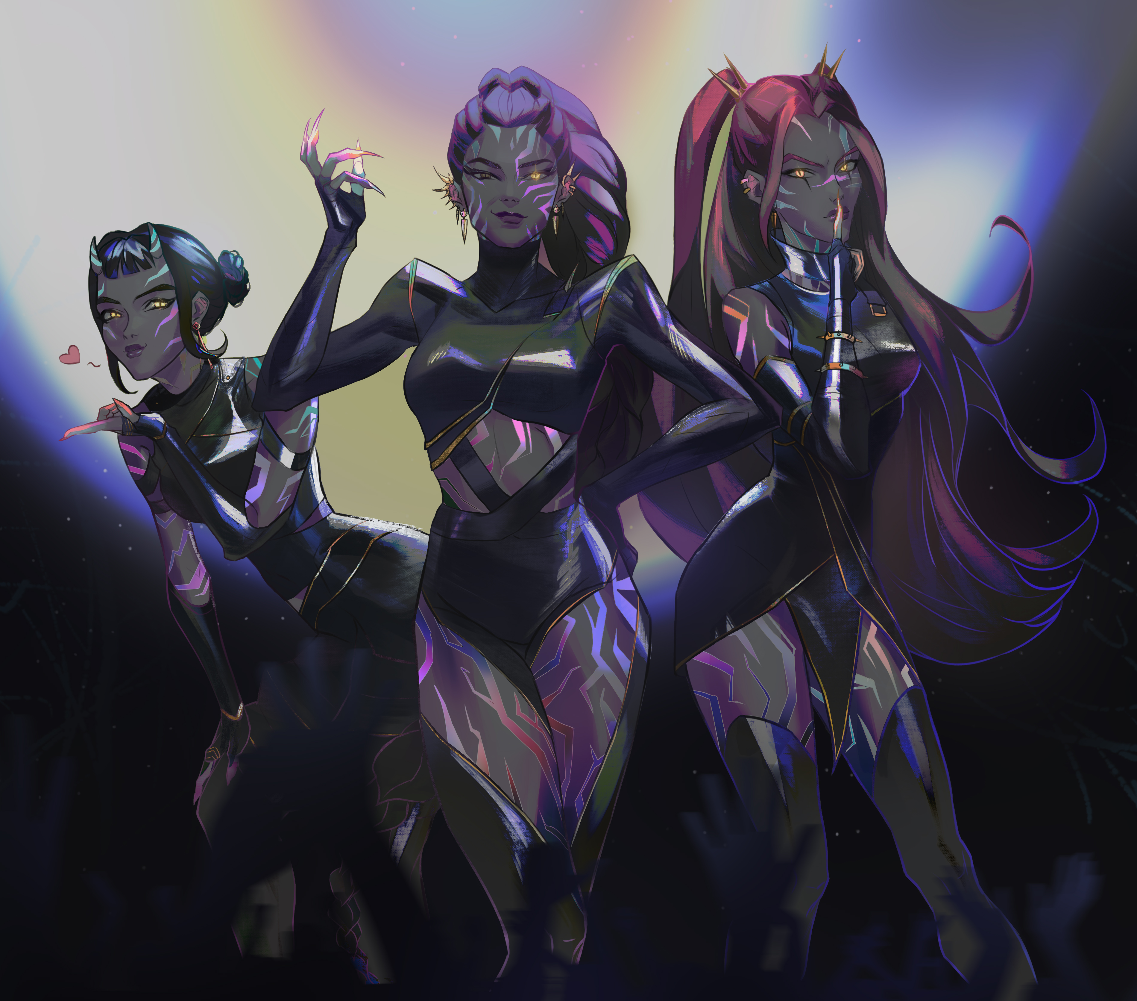 mira (kpop demon hunters), rumi (kpop demon hunters), zoey (kpop demon hunters), kpop demon hunters, absurdres, commentary, highres, 3girls, black hair, body markings, boots, braid, braided ponytail, demon, double bun, earrings, fingernails, hair bun, hand on own hip, heart, helpiclub, heterochromia, jewelry, long fingernails, long hair, looking at viewer, multiple girls, pink hair, purple hair, short bangs, sidelocks, smirk, thigh boots, yellow eyes