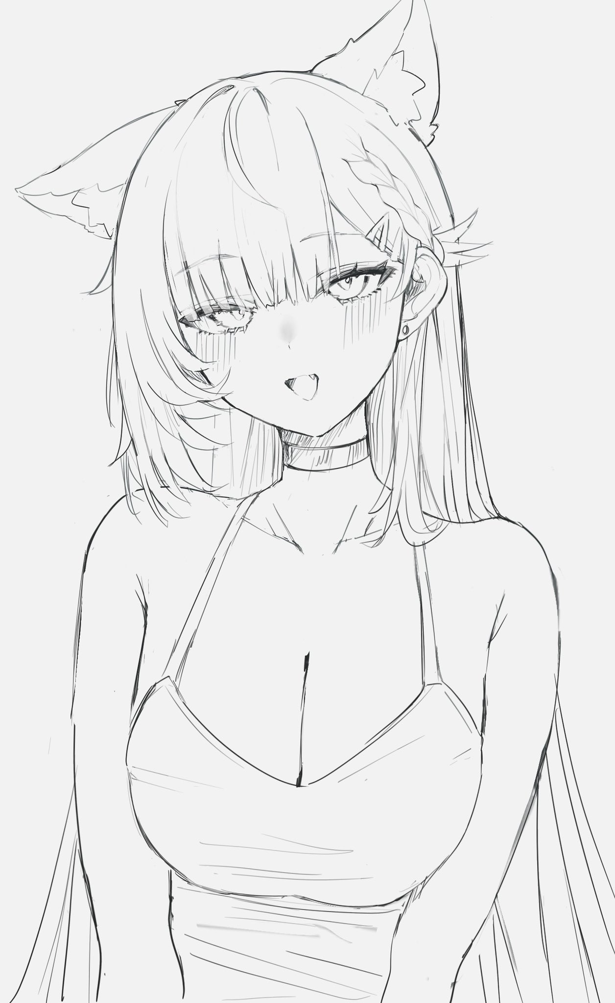 sorotu, original, opened mouth, highres, 1girl, :/, animal ear fluff, animal ears, black choker, blush, braid, breasts, camisole, choker, cleavage, collarbone, dot nose, earrings, extra ears, facing viewer, fang, fox ears, fox girl, furrowed brow, greyscale, hair behind ear, hair ornament, hairclip, jewelry, large breasts, long hair, looking at viewer, mayu shirasaki, monochrome, narrowed eyes, side braid, single braid, single sidelock, solo, stud earrings, very long hair