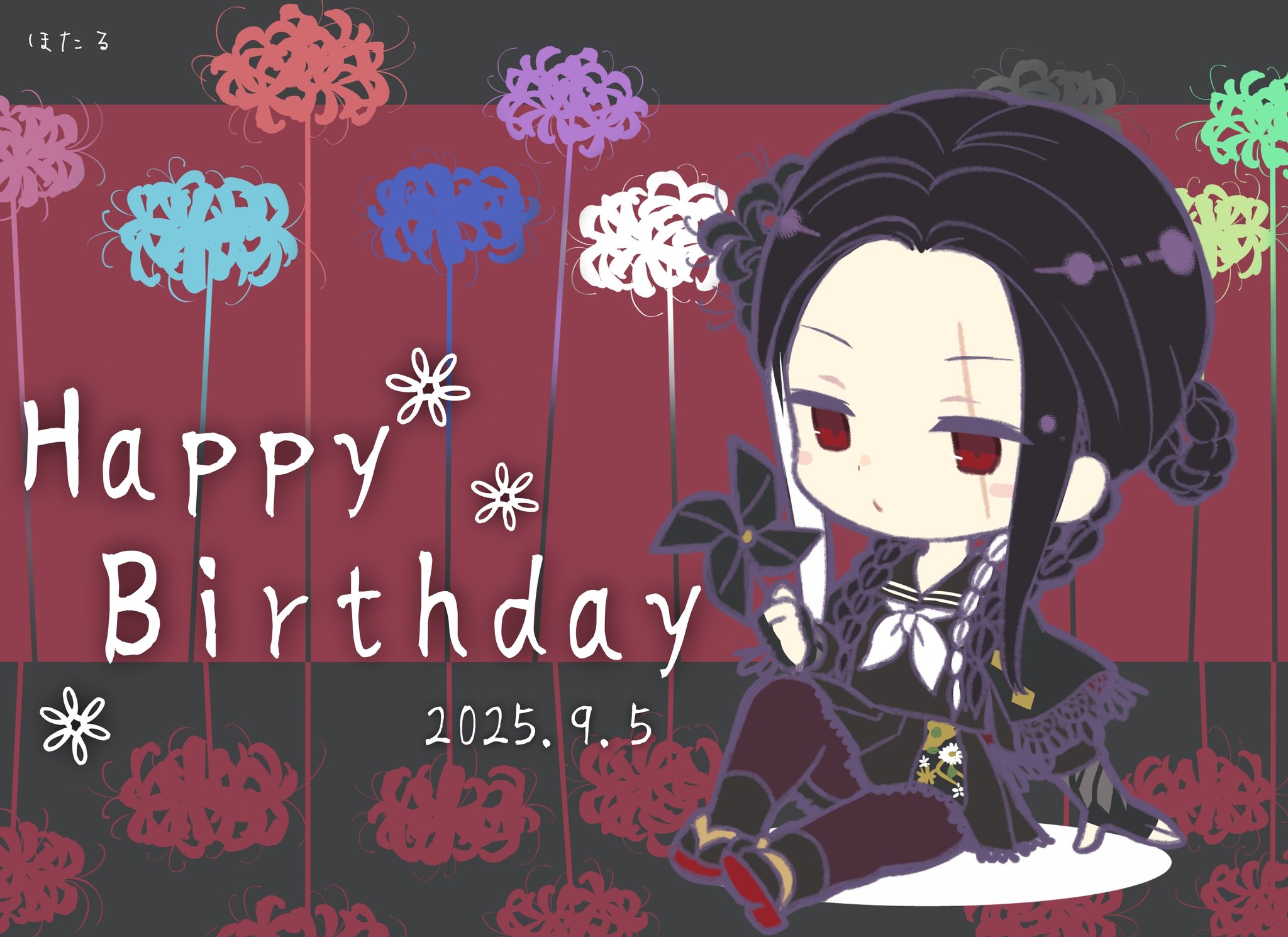 hotaru (ultraroly poly), assault lily, commentary, highres, 1girl, arm at side, artist name, black background, black capelet, black flower, black gloves, black hair, black sailor collar, black serafuku, black shirt, blue flower, blush, bo no hana, braid, braided hair rings, capelet, chibi, closed mouth, dated, fingerless gloves, floral background, floral print, flower, full body, gloves, green flower, grey flower, hair flower, hair ornament, hair over shoulder, hair rings, hand up, happy birthday, holding, holding pinwheel, jika-tabi, knee up, lace-trimmed capelet, lace trim, long hair, long sleeves, looking at object, miniskirt, multicolored hair, neckerchief, pantyhose, pink flower, pinwheel, pleated skirt, print skirt, purple flower, purple pantyhose, quad braids, red background, red eyes, sailor collar, scar, scar across eye, scar on face, school uniform, serafuku, shirt, sidelocks, sitting, skirt, solo, spider lily, streaked hair, two-tone background, white flower, white neckerchief, white streaks