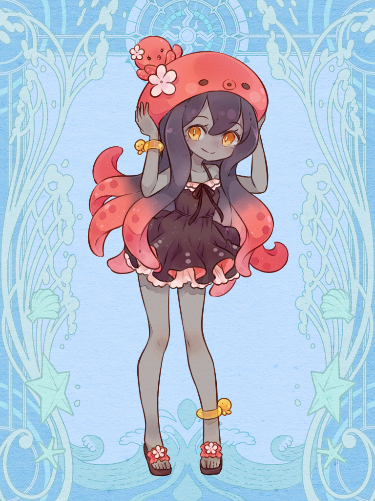 dairoku ryouhei, 1girl, animal hat, anklet, arms up, black dress, blue background, bracelet, colored skin, dress, flower, full body, gradient hair, grey skin, hat, hat flower, jewelry, looking at viewer, miffet mothergoose, multicolored hair, octopus hat, sandals, smile, solo, standing, tentacle hair, tsumugi (tw), yellow eyes