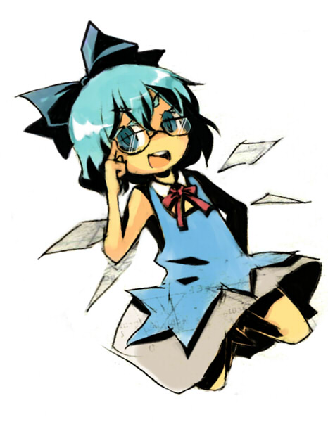 k no hito, cirno, touhou, 1girl, adjusting eyewear, bespectacled, blue hair, dress, female focus, full body, glasses, hair ribbon, ribbon, solo, wings