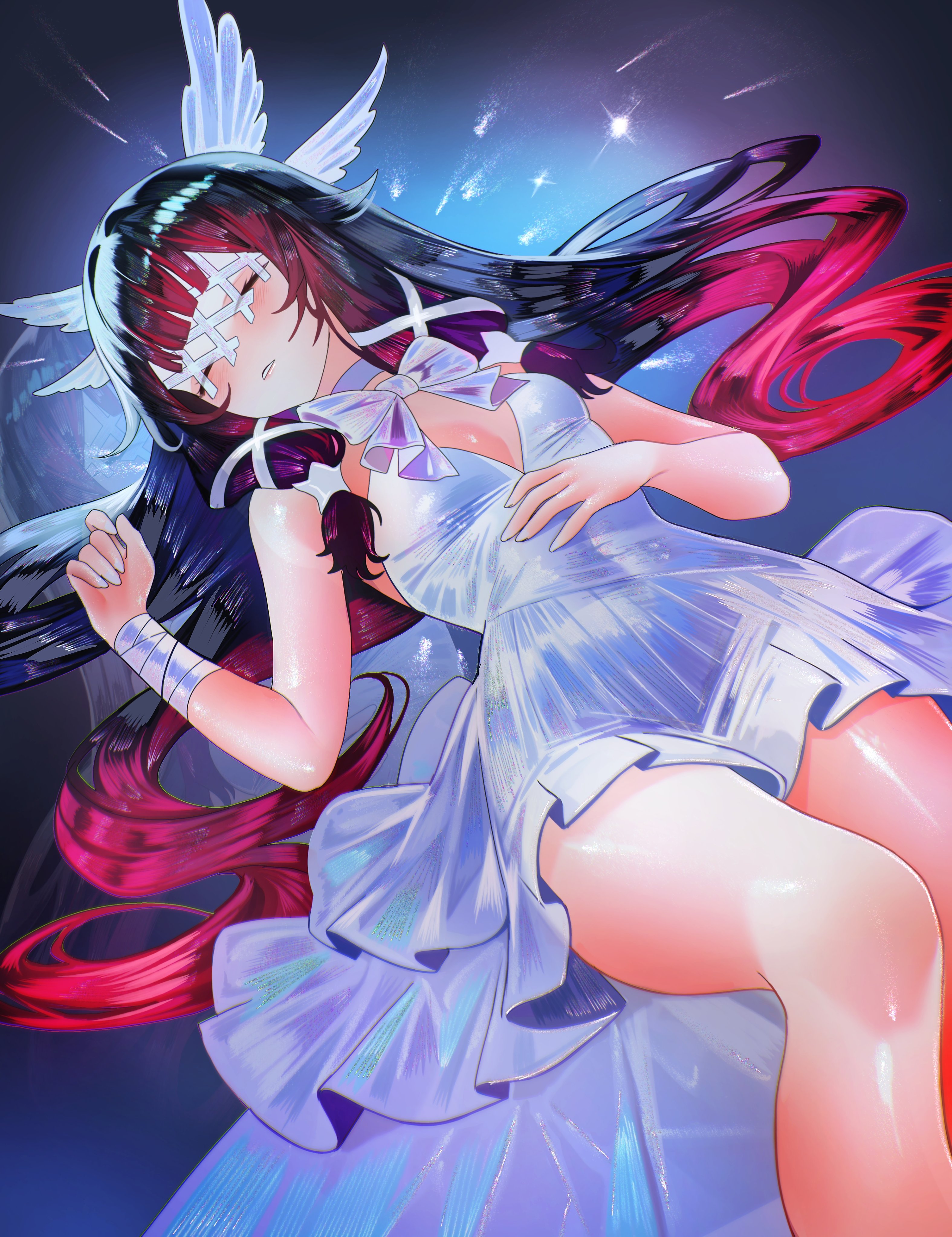 sanya (sanya lox228), columbina (genshin impact), genshin impact, absurdres, commentary, hashtag-only commentary, highres, 1girl, black hair, breasts, choker, closed eyes, covered navel, dress, hand on own stomach, long hair, lying, medium breasts, multicolored hair, on back, parted lips, red hair, sleeveless, sleeveless dress, solo, very long hair, white choker, white dress