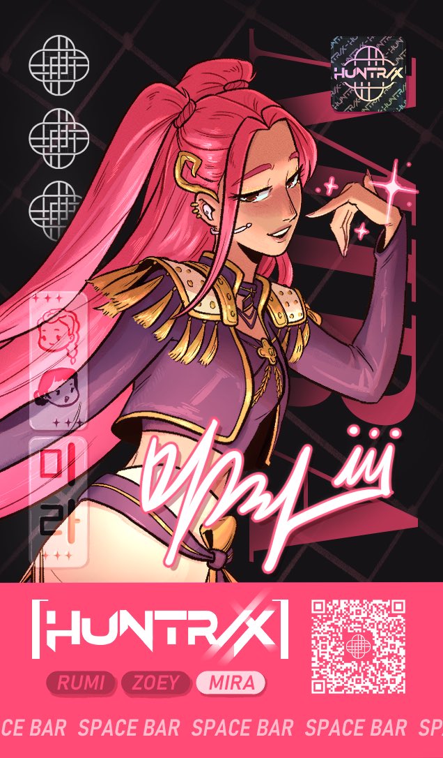 mira (kpop demon hunters), kpop demon hunters, commentary, english commentary, 1girl, black jacket, character name, crop top, cropped jacket, earpiece, epaulettes, headset, jacket, long hair, looking at viewer, pink hair, sidelocks, smile, sp ace bar, twintails