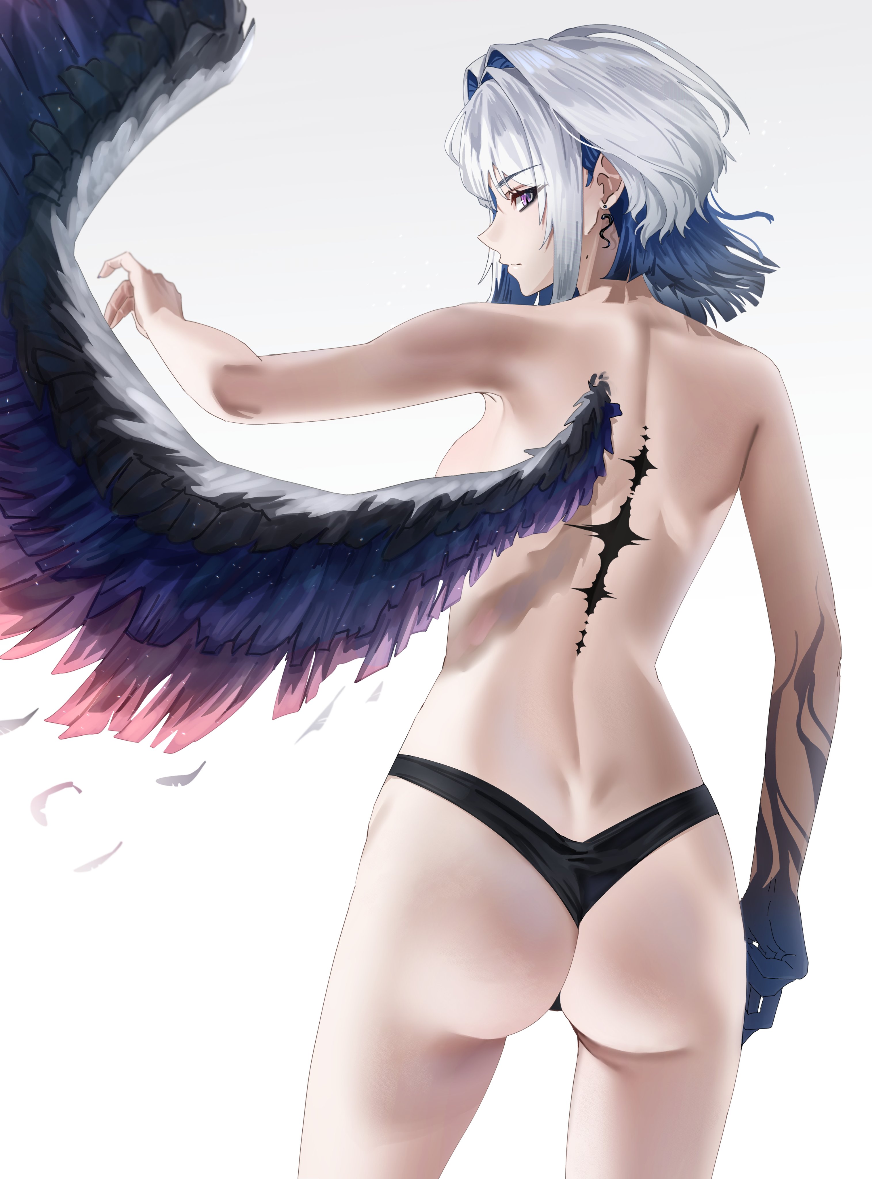trixie (trixiex33), galbrena (wuthering waves), wuthering waves, absurdres, commentary, english commentary, highres, 1girl, ass, back, black panties, black wings, blue hair, blue hands, breasts, closed mouth, colored inner hair, cowboy shot, earrings, feathered wings, feathers, from behind, grey hair, hair intakes, hand up, jewelry, looking at viewer, looking back, median furrow, medium breasts, medium hair, multicolored hair, panties, profile, purple eyes, shoulder blades, sideboob, sideways glance, simple background, single wing, solo, tacet mark (wuthering waves), thighs, topless female, underwear, underwear only, white background, wings