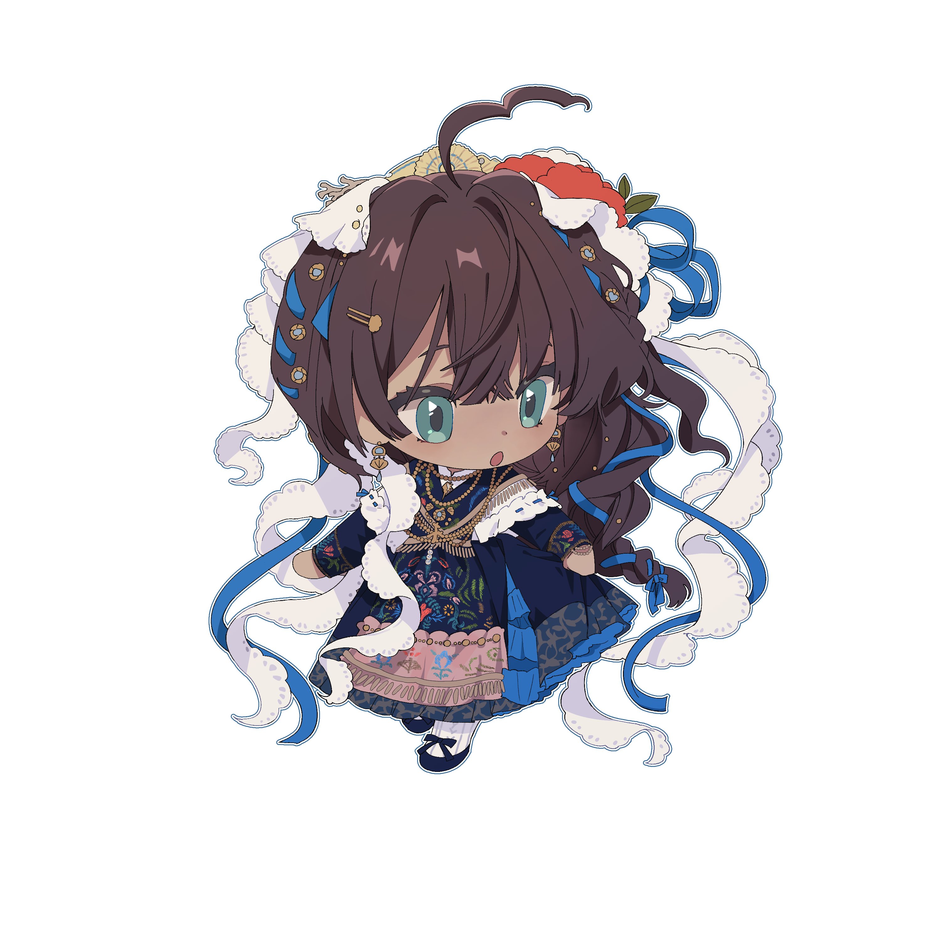 fatutu, reverse:1999, absurdres, hashtag-only commentary, highres, 1girl, :o, ahoge, black shoes, blue dress, blue ribbon, braid, brown hair, chestnut ori, chibi, chibi only, dark-skinned female, dark skin, dress, full body, green eyes, hair ribbon, long hair, long sleeves, open mouth, ribbon, shoes, simple background, socks, solo, standing, white background, white socks