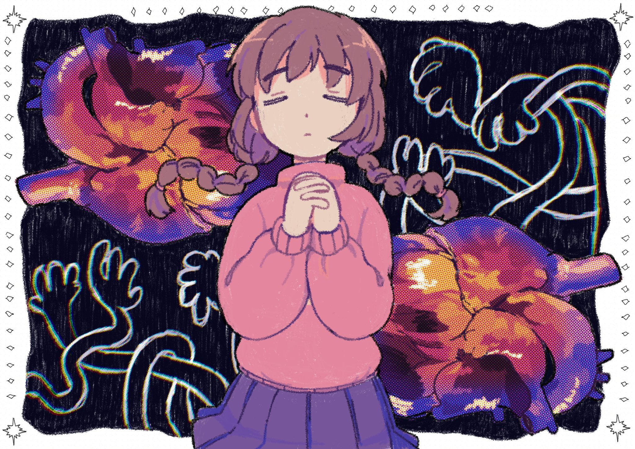 blunemone, madotsuki, yume nikki, highres, 1girl, abstract background, black background, border, braid, brown hair, closed eyes, closed mouth, cowboy shot, dot nose, expressionless, interlocked fingers, long hair, long sleeves, low twin braids, own hands together, pink sweater, purple skirt, skirt, solo, sweater, turtleneck, turtleneck sweater, twin braids, white border