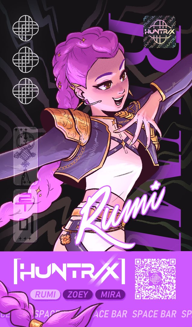 rumi (kpop demon hunters), kpop demon hunters, commentary, 1girl, armor, black jacket, braid, braided ponytail, brown eyes, character name, crop top, cropped jacket, jacket, microphone, music, purple hair, shoulder armor, singing, solo, sp ace bar