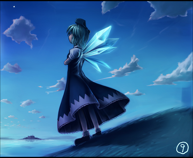 lain, cirno, phantasmagoria of flower view, touhou, 1girl, blue theme, circled 9, cloud, dress, female focus, letterboxed, outdoors, sky, solo, standing, star (sky), wings